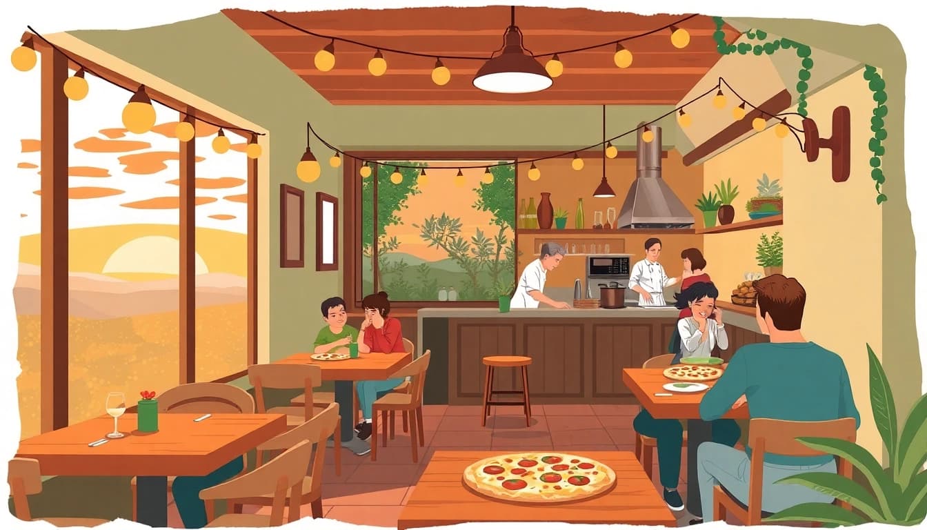 Enjoying freshly baked pizza at Pizzeria in Sinn with friends.