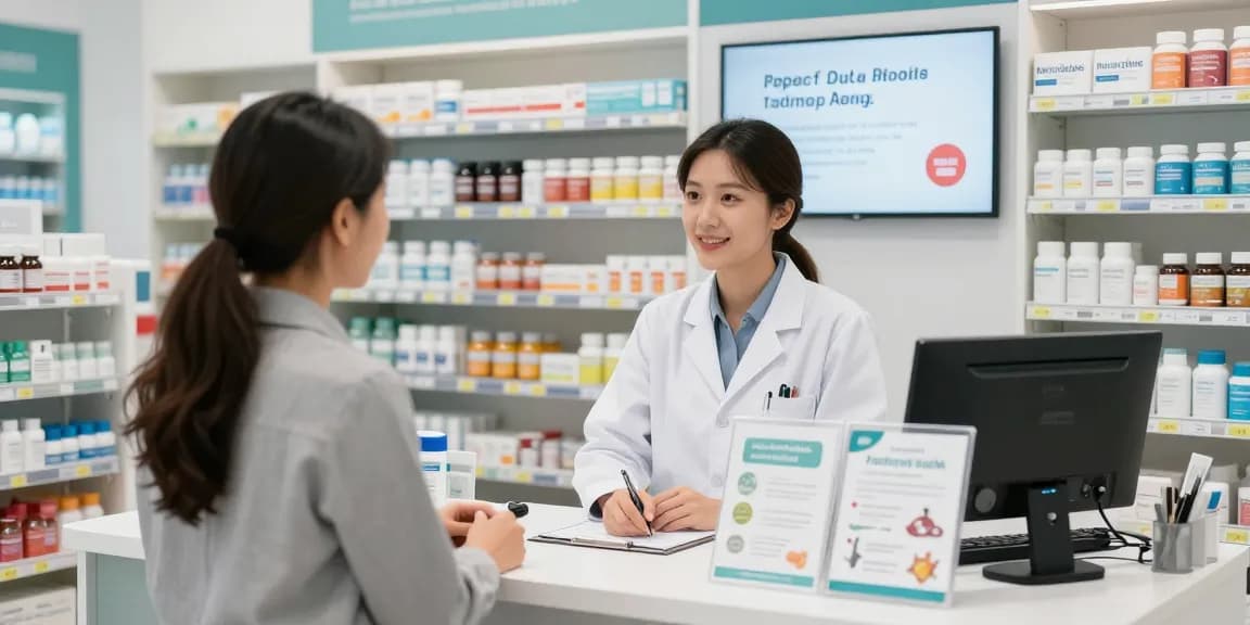 Engagierte Kunden im Medi Pharma Shop, die über Gesundheitsprodukte diskutieren.