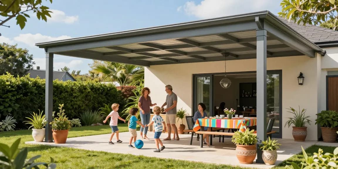Gemütliche Terrasse mit Terrassenüberdachung, Familie genießt den Nachmittag im Freien.
