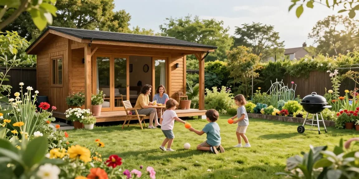 Gartenhaus kaufen in einem idyllischen Garten mit Familie, blühenden Pflanzen und gemütlichem Ambiente.