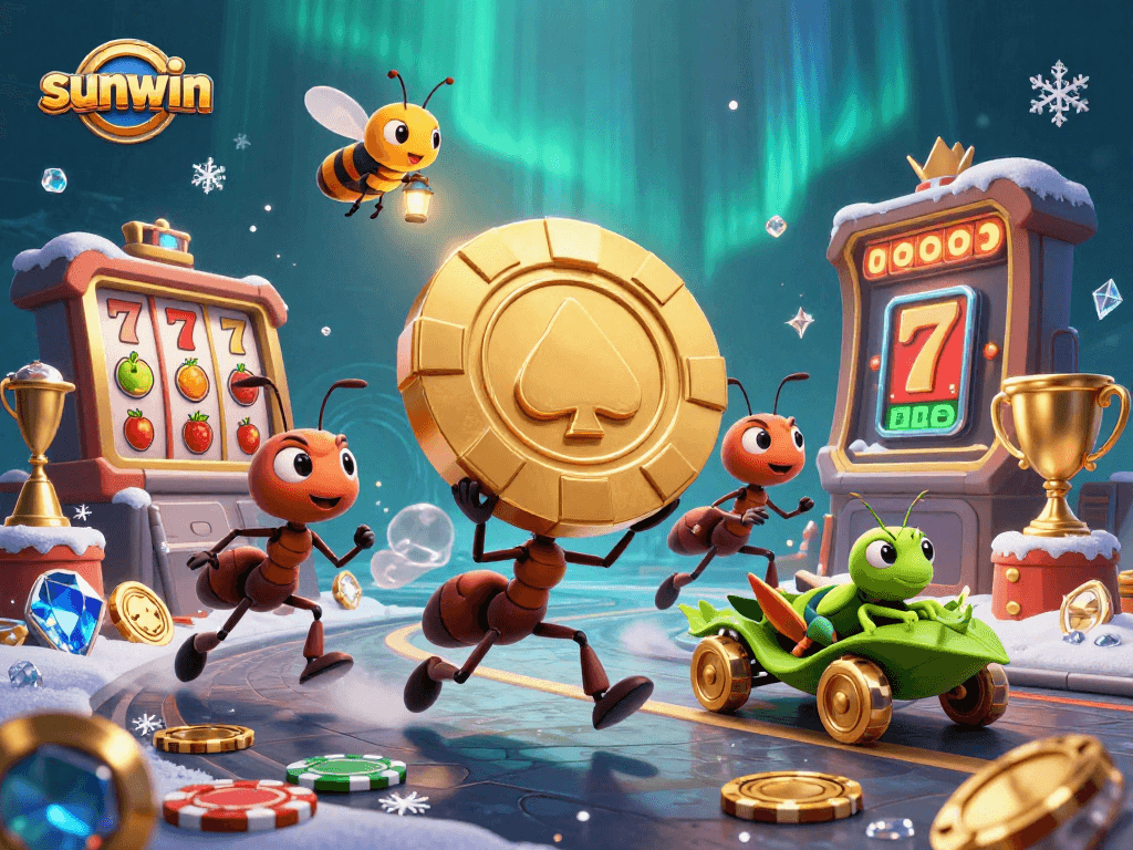 Experience the thrill of sunwin with playful ants in a dynamic casino heist scene.