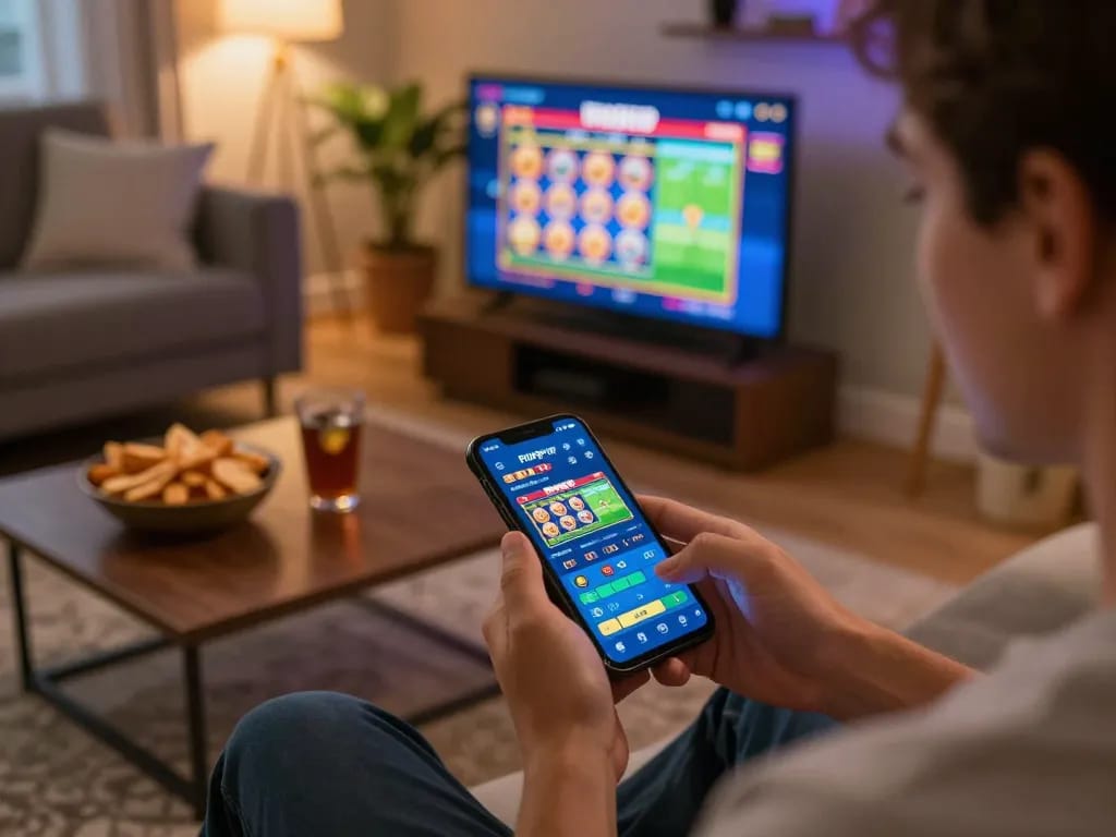 Player explores PHPVIP betting app on smartphone in cozy home setting with snacks and drinks