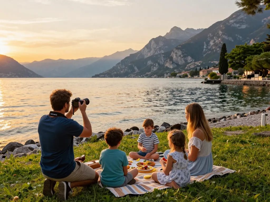 Reisetipps Gardasee Picknick an den malerischen Ufern des Gardasees bei Sonnenuntergang.