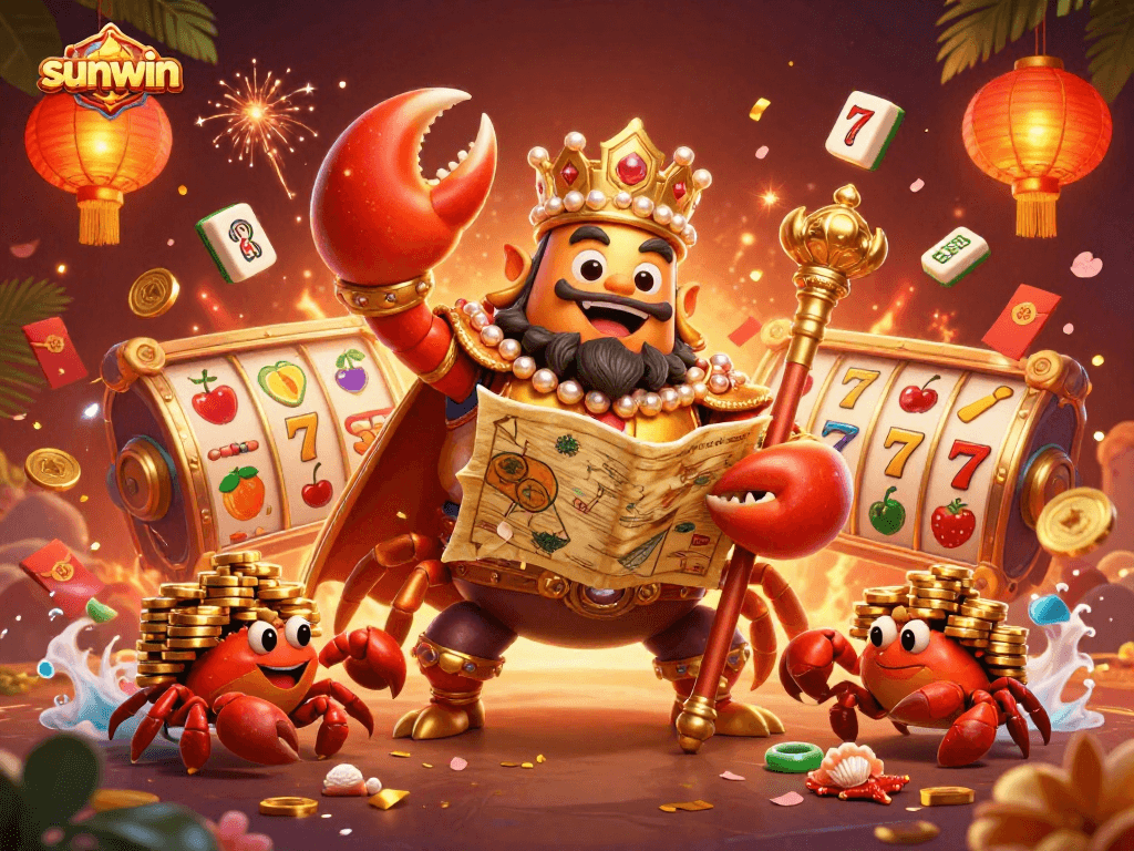 Experience sunwin's vibrant gaming world with an energetic golden crab emperor leading the scene.