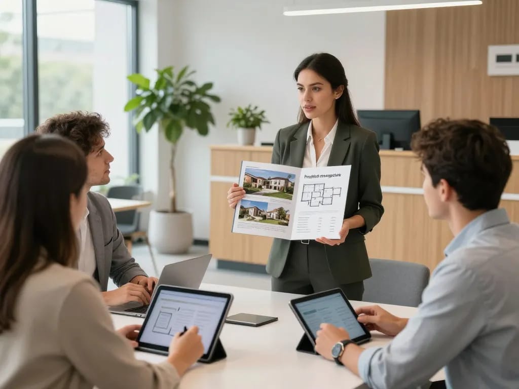 Immobilienmakler präsentiert Immobilien in einem modernen Büro und hebt die Expertise von Immobilienmakler Frankfurt Preungesheim hervor.