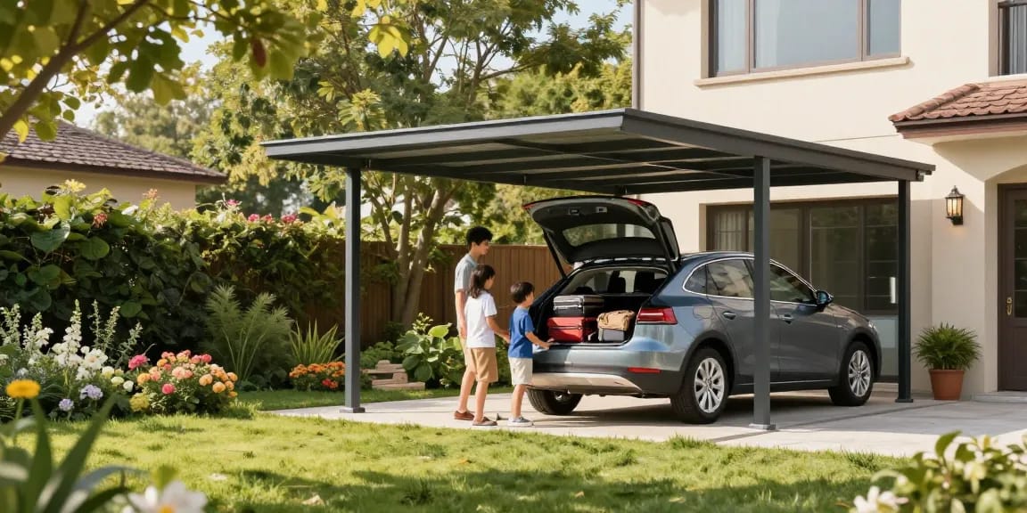 Ein moderner Carport schützt ein Auto in einem einladenden Garten während einer Familienreise.