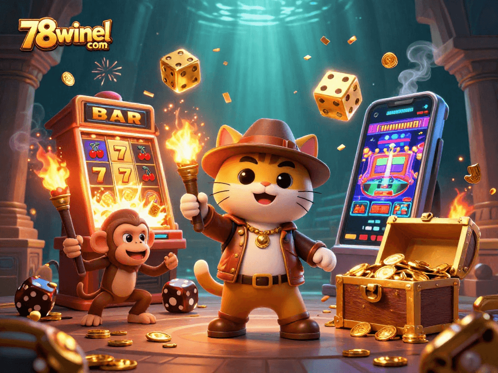 Experience thrilling gameplay at 78winel com with the adventurous cat discovering casino treasures!