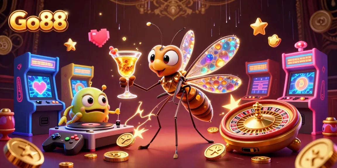 Experience thrilling gameplay at Go88 with a playful cartoon mascot and casino elements.