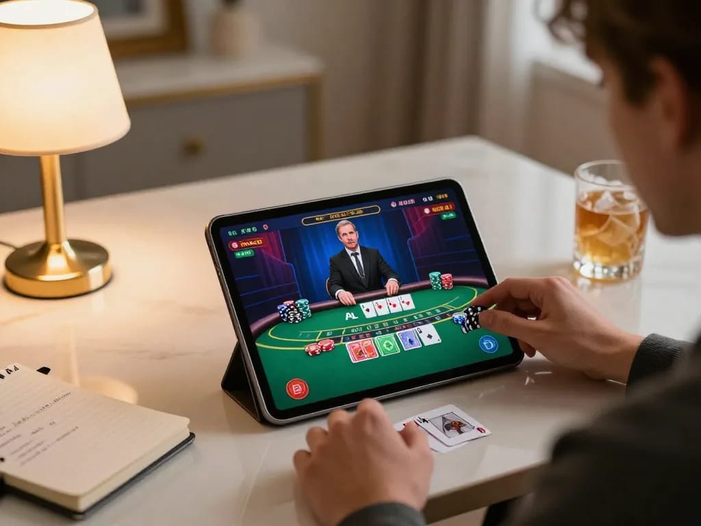 Player enjoying live dealer blackjack on tablet, experiencing CM88's premium online gaming