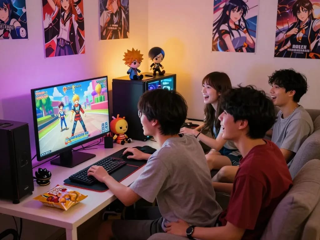 Friends enjoying a hentai game together on a computer in a cozy gaming room.