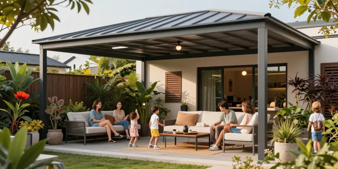 Moderne Terrassenüberdachungen mit Familienaktivitäten und warmem Ambiente