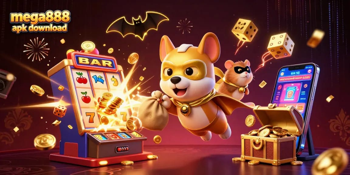 Win big with the mega888 apk download, featuring a cartoon dog and hamster amidst dynamic casino visuals.