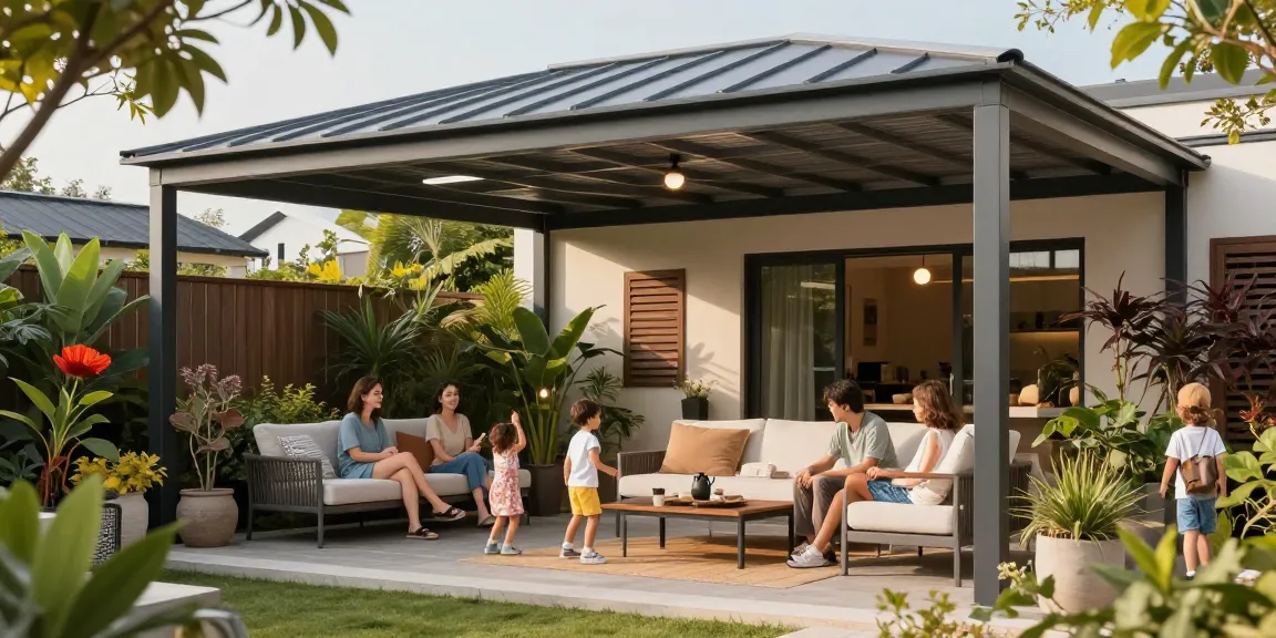 Moderne Terrassenüberdachungen mit Familienaktivitäten und warmem Ambiente