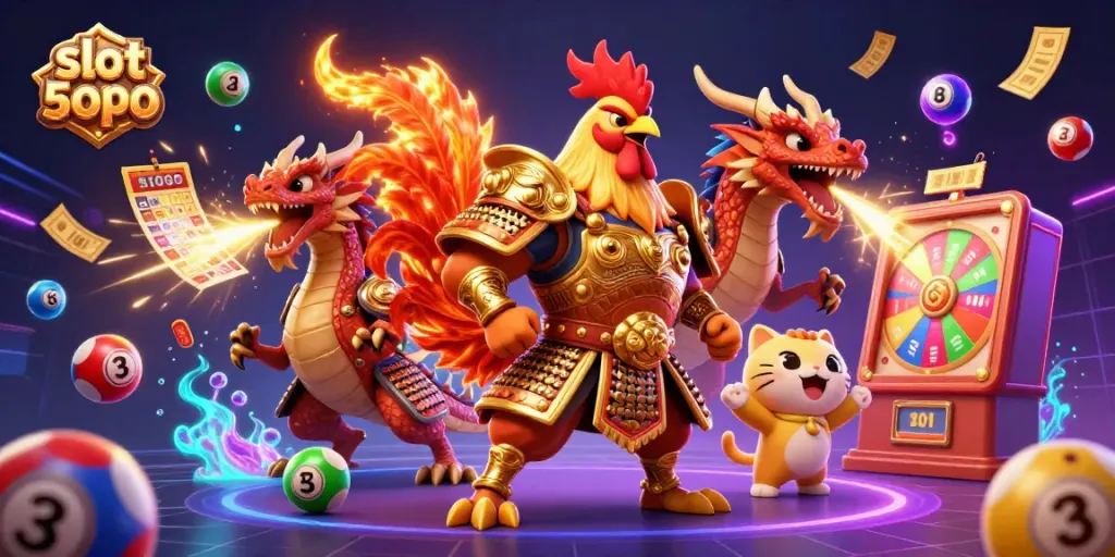 Engage with slot depo 5000 through a vibrant 3D scene featuring a rooster warrior and dragon hatchling.