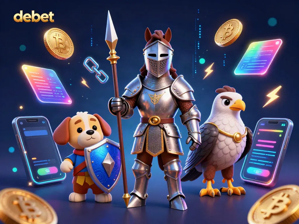 Engage in thrilling betting with debet, featuring a knight, a squire, and a falcon amidst dynamic crypto elements.