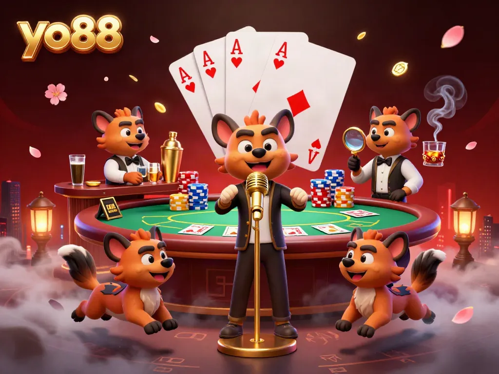 Experience the excitement of yo88 with hyenas entertaining in a vibrant casino scene featuring games and dynamic elements.