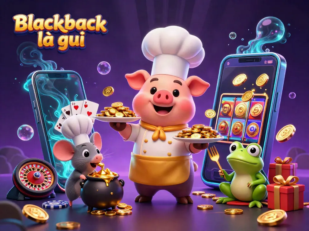 Experience the excitement of Blackjack là gì with vibrant, colorful casino characters and elements.
