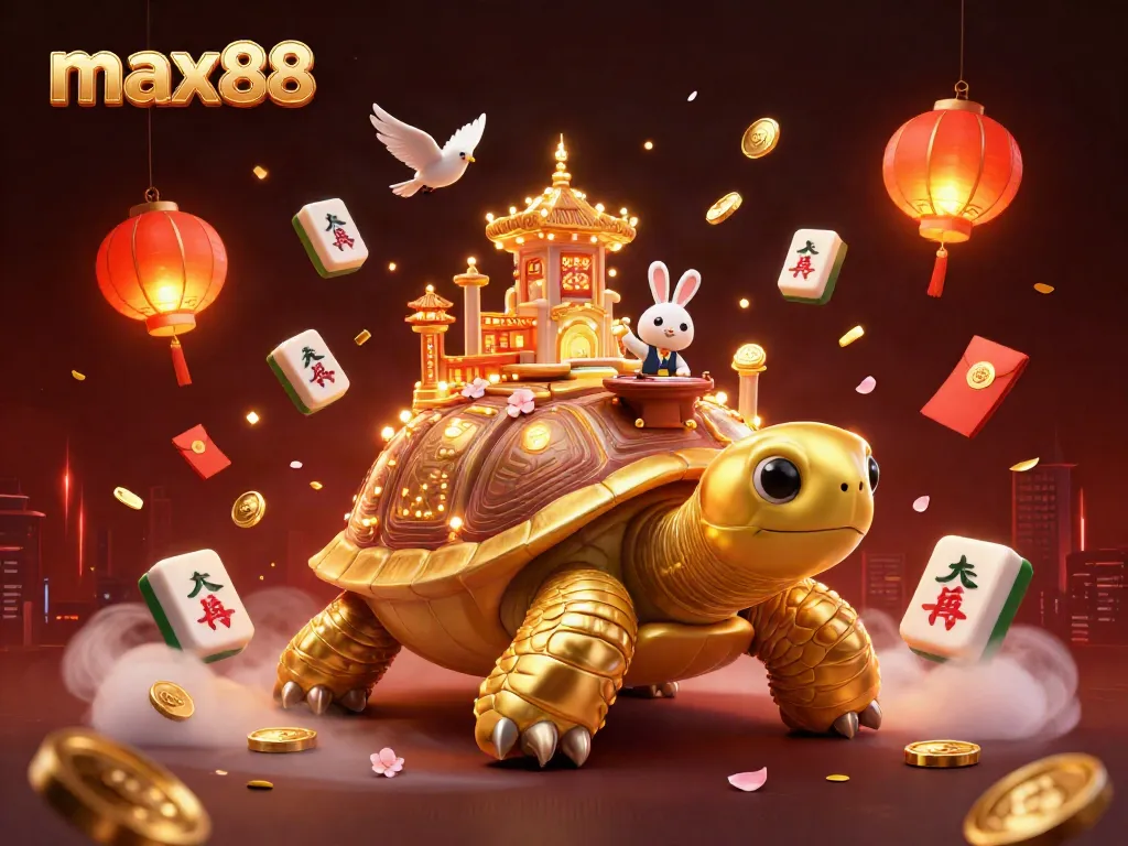 Experience max88 with a vibrant 3D scene featuring golden tortoise casino and rabbit dealer, amidst flying coins.