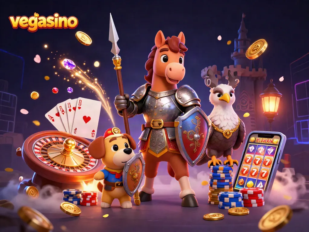 Experience the thrill of vegasino with a colorful casino scene featuring a knight and a lucky squire.