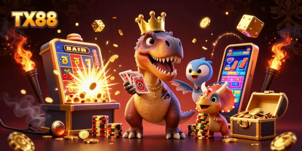 Experience thrilling wins at TX88 casino with animated characters, golden chips, and vibrant jackpot moments.