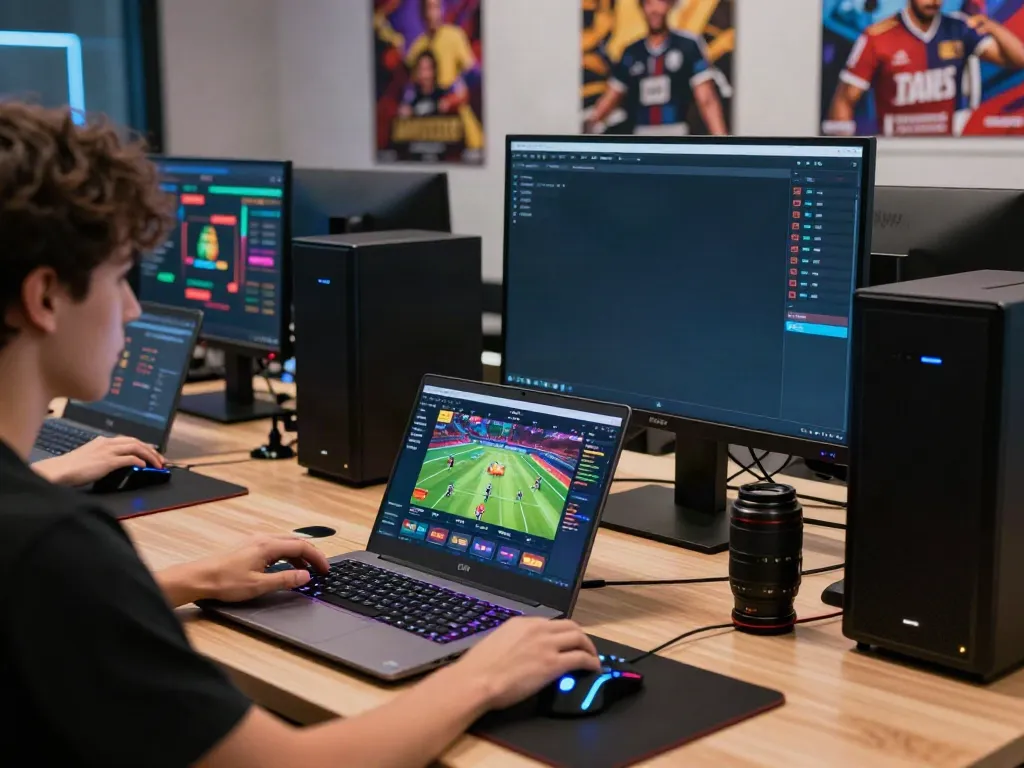 User engaging with DA88 online gaming platform surrounded by high-tech equipment and vibrant colors.