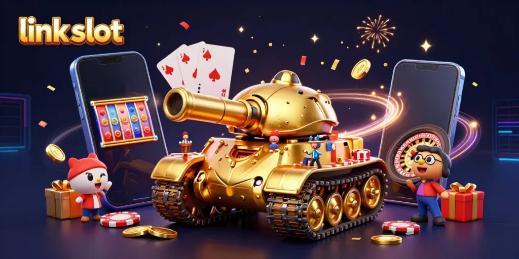 Experience the thrill of link slot games with a vibrant 3D casino scene featuring dynamic gaming elements.