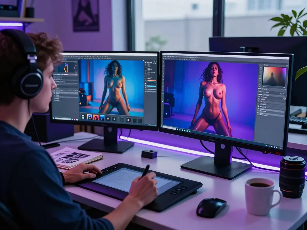 AI porn artistic workspace with vibrant visuals and tech setup