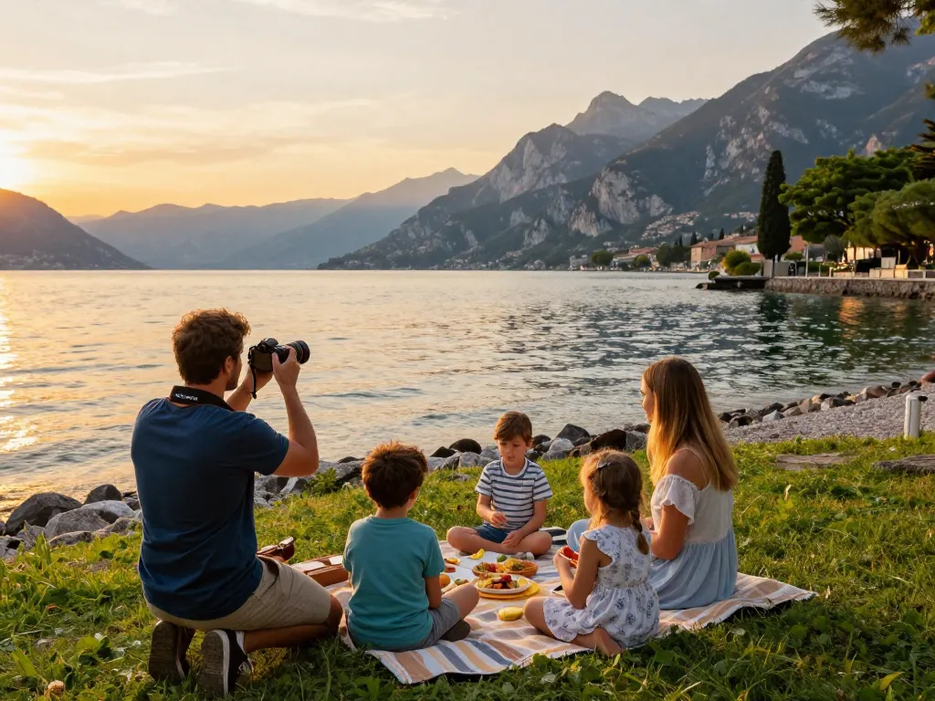 Reisetipps Gardasee Picknick an den malerischen Ufern des Gardasees bei Sonnenuntergang.