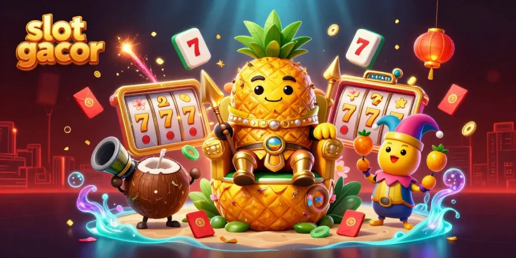Experience the thrill of slot gacor with a vibrant casino scene featuring a pineapple king and colorful game elements.