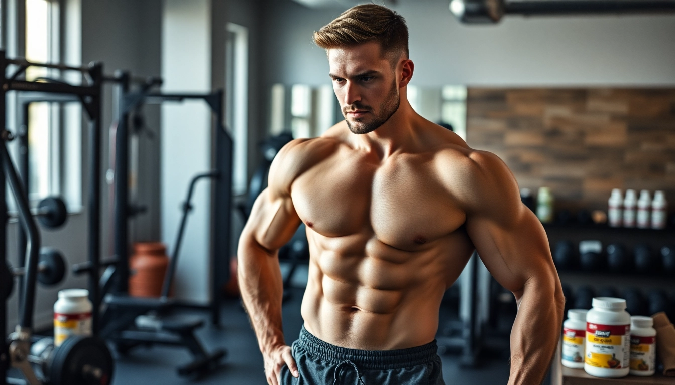 Ein muskulöser Körper, der Unique Pharma Steroids nutzt, im Fitnessstudio.