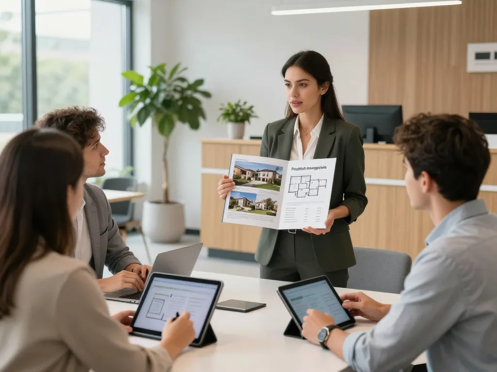 Immobilienmakler präsentiert Immobilien in einem modernen Büro und hebt die Expertise von Immobilienmakler Frankfurt Preungesheim hervor.