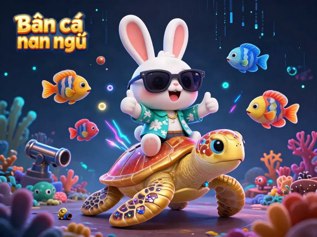 Bắn cá nhân ngư game scene featuring a lucky rabbit and golden sea turtle in a vibrant underwater adventure.