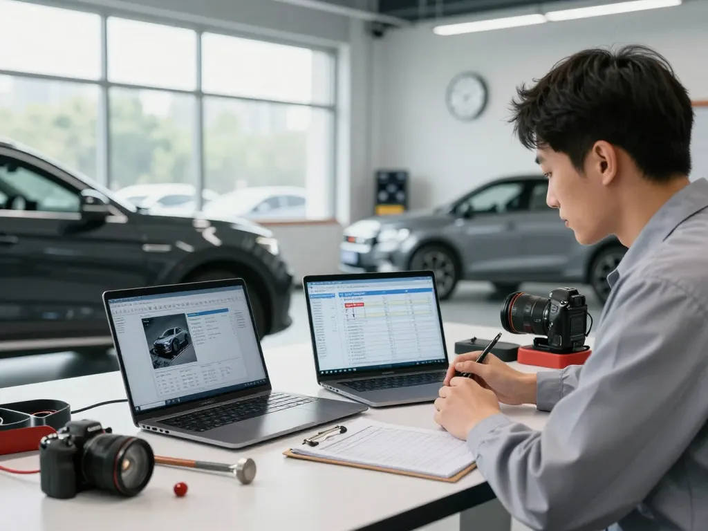 Kfz Sachverständiger Bonn inspiziert ein Fahrzeug in einem professionellen Büro, mit Werkzeugen und Fahrzeugbewertungstabellen.