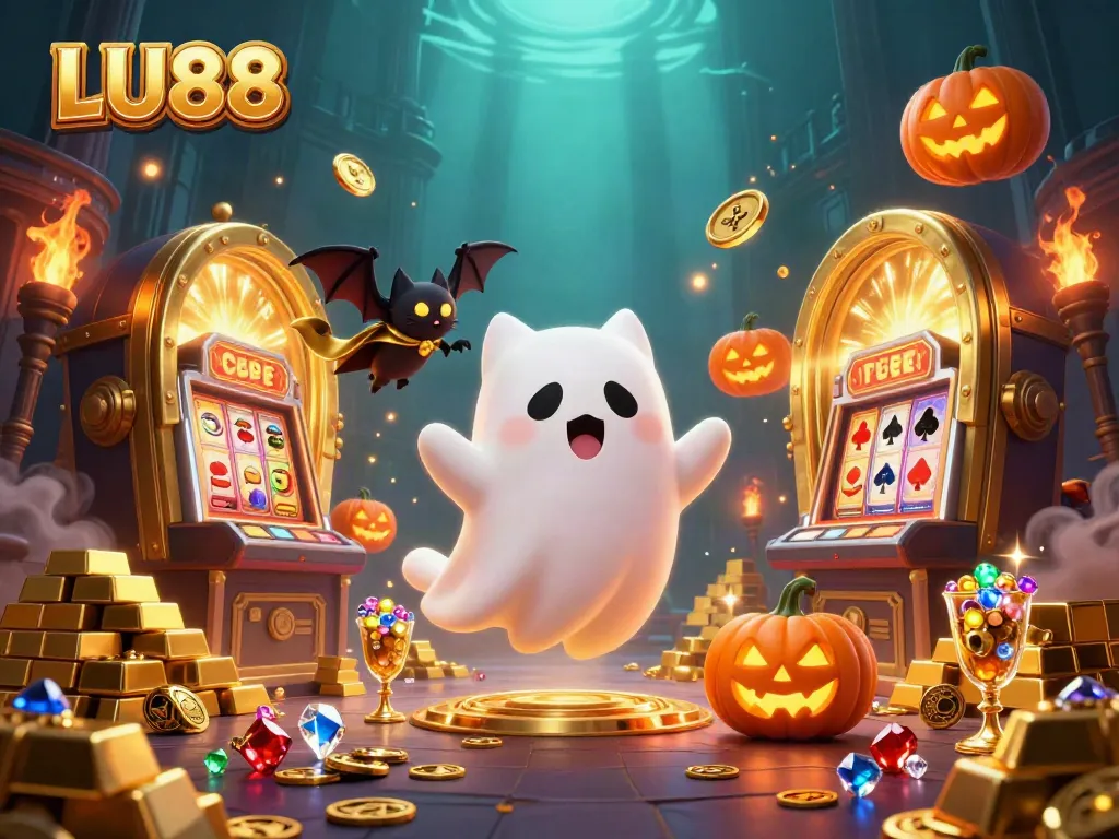 LU88 invokes an engaging spirit with a ghost cat and bat in a vibrant casino scene, merging excitement and fun.
