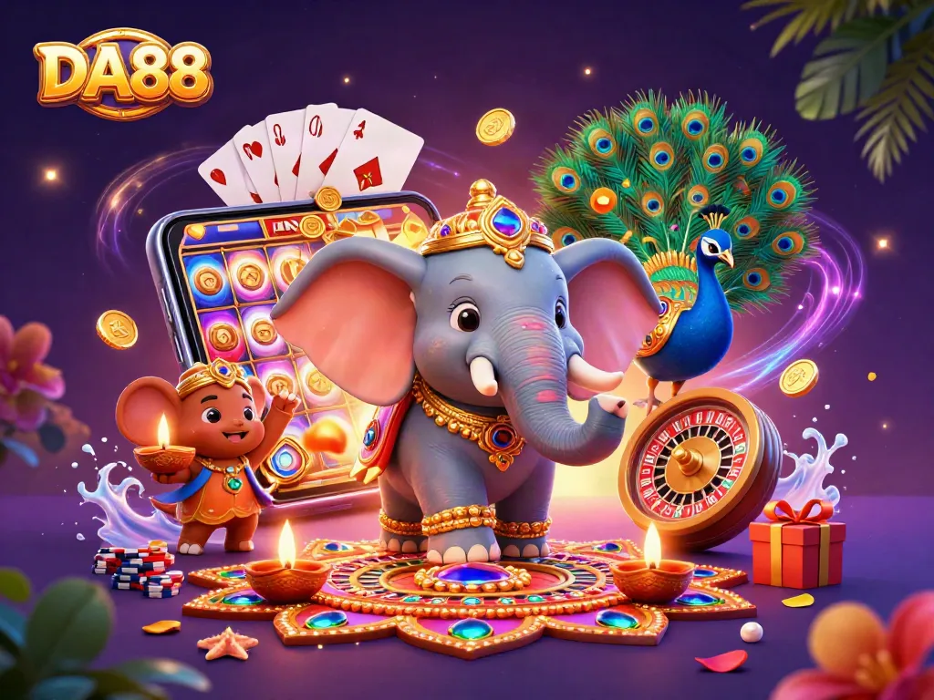 DA88 players enjoy vibrant casino action with an elephant and peacock in a festive 3D scene.