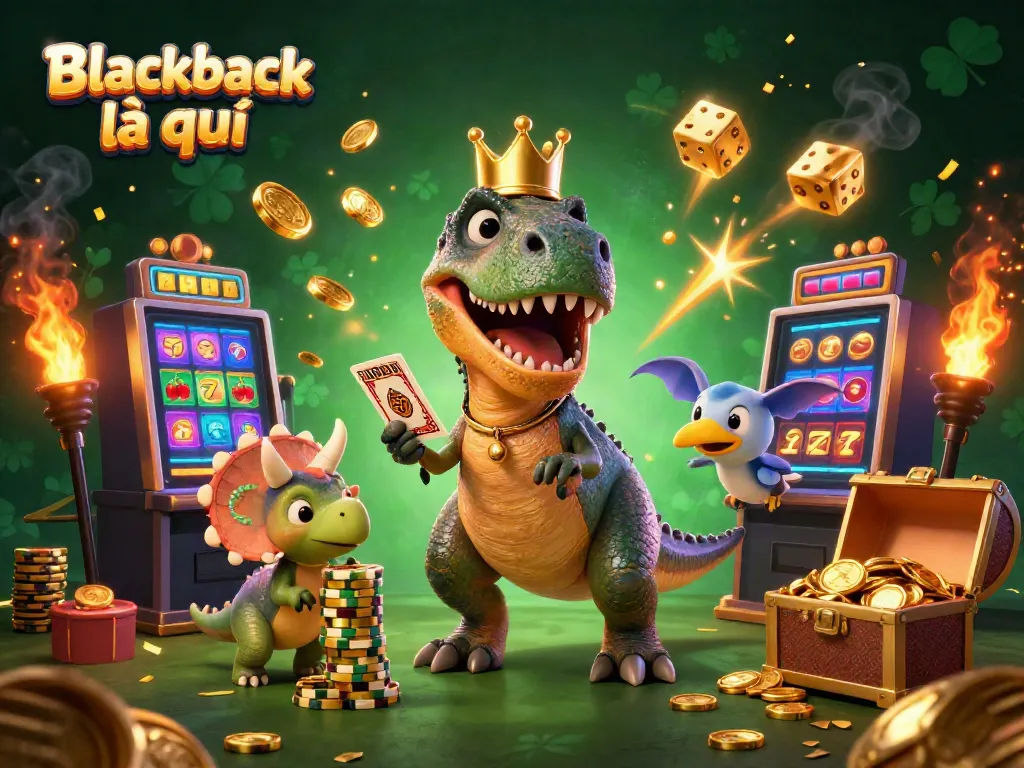 Experience the excitement of Blackjack là gì with a T-Rex shuffling cards, surrounded by golden chips and vibrant casino elements.