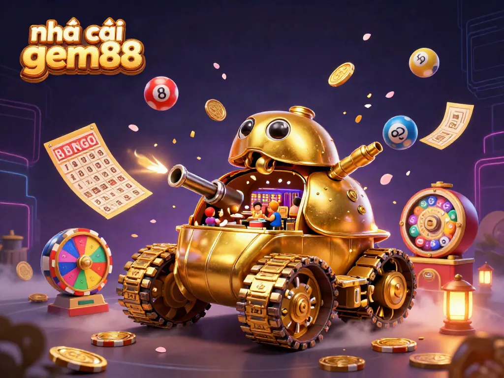 Discover exciting casino action at nhà cái gem88 with a vibrant 3D illustration showcasing a golden beetle tank and lottery elements.