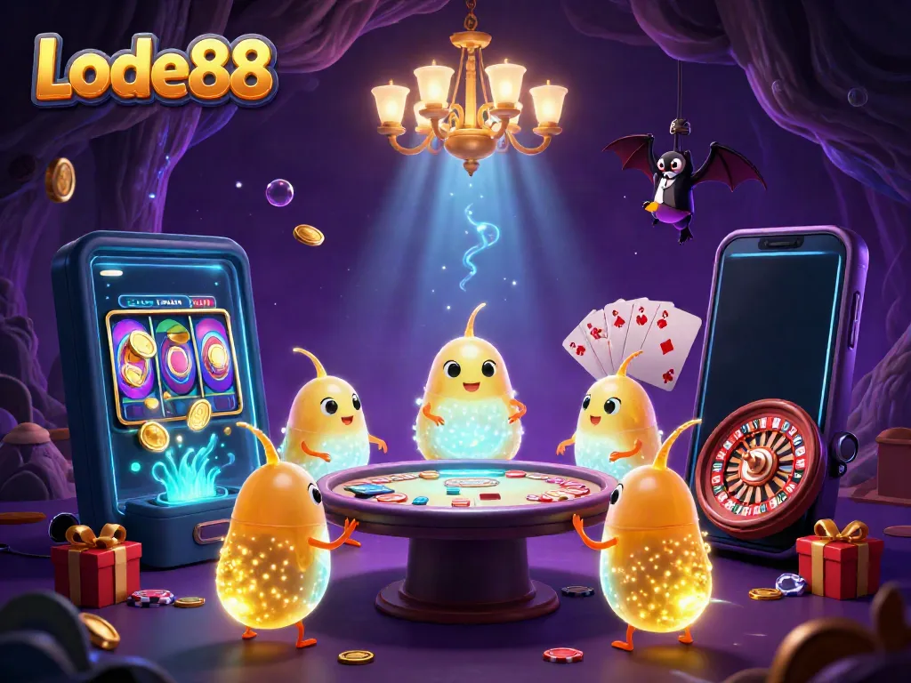 Experience the thrill of winning with Lode88 in a vibrant casino scene featuring illuminated characters and gaming elements.