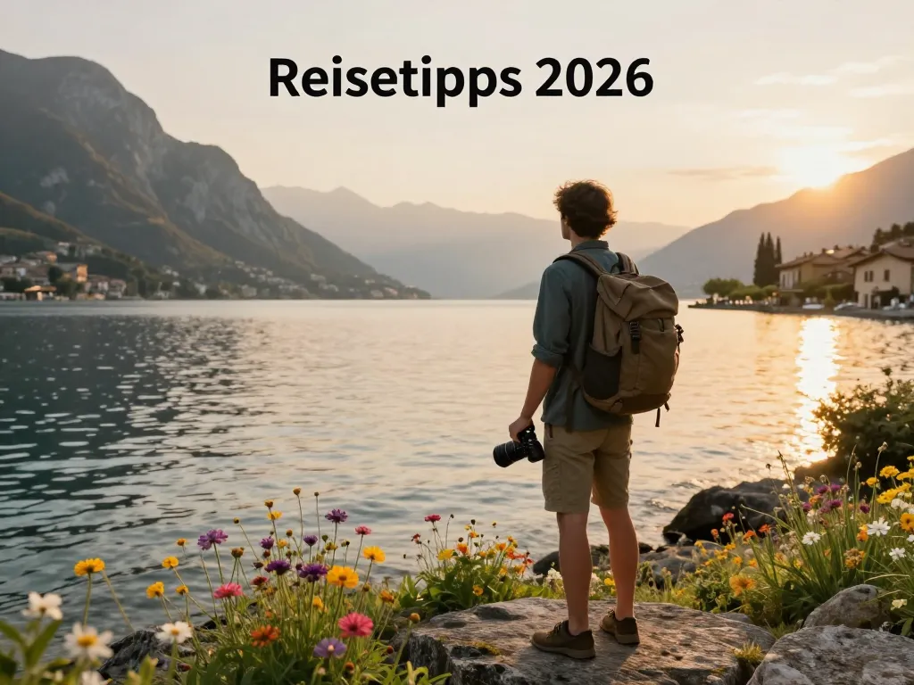 Malerscher Blick auf den Gardasee bei Sonnenuntergang, der Gardasee Reisetipps für Reisende mit Bergen und Wildblumen zeigt.