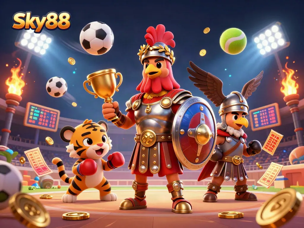 Sky88 showcases a dynamic confrontation between a rooster gladiator and a boxing tiger cub in a captivating colosseum.