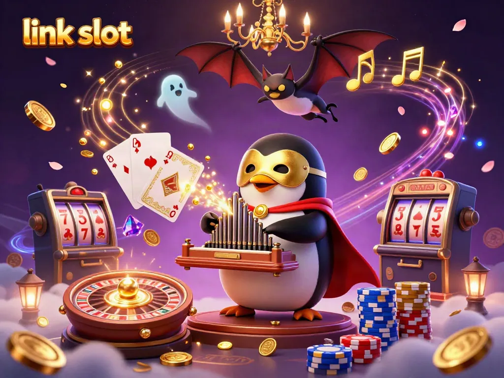 Win big with link slot as the penguin plays musical coins in a dazzling casino scene.