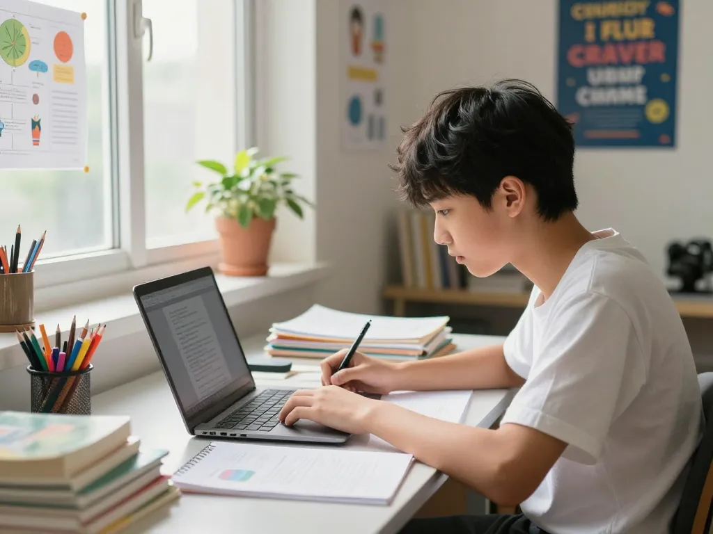Student, der mit einem Laptop in einem hellen Arbeitszimmer mit Lehrbüchern und Pflanzen an Hausaufgaben löst