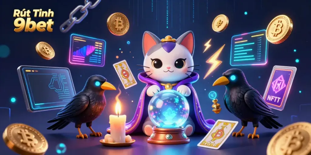 Engage with Rút Tiền 9bet's unique gambling experience highlighted by enchanting characters and digital currency icons.