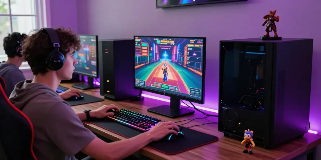 Engaged user at https://nbet.page/ playing an exciting virtual casino game in a vibrant gaming setup.