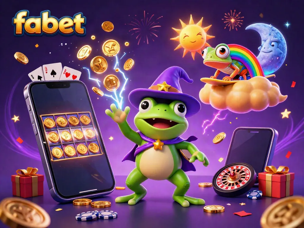 Experience fabet's vibrant gaming world through a whimsical cartoon scene full of magical elements and casino symbols.