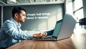 Headhunter IT reviewing resumes in a modern office setting with a professional atmosphere.