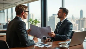 Headhunter Schweiz berät einen Klienten in einem modernen Büro mit Stadtblick.