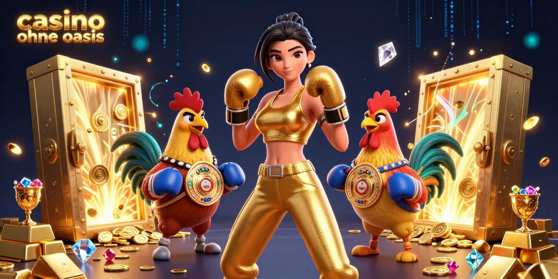 Engage with thrilling gameplay at casino ohne oasis, featuring a determined woman and a championship rooster among treasures.