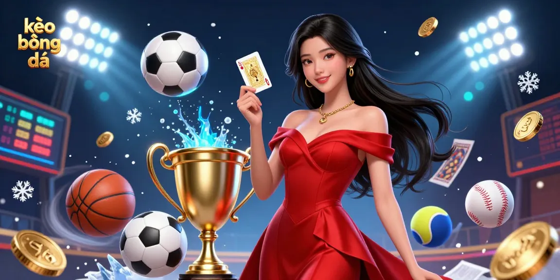 Kèo bóng đá betting action featuring a glamorous woman with playing card beside dynamic sports elements and trophy.