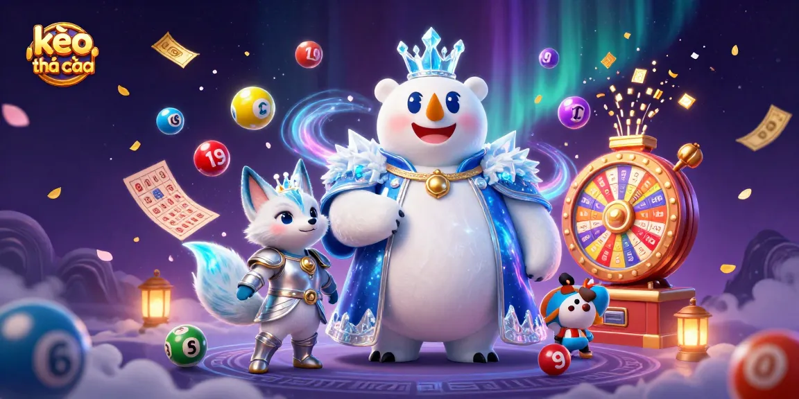 Engage with kèo nhà cái in this vibrant, animated scene of a royal polar bear and snow fox amidst lottery symbols.